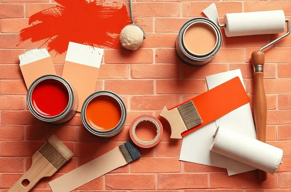Pots de peinture, nuancier, brosses et rouleaux disposés à plat