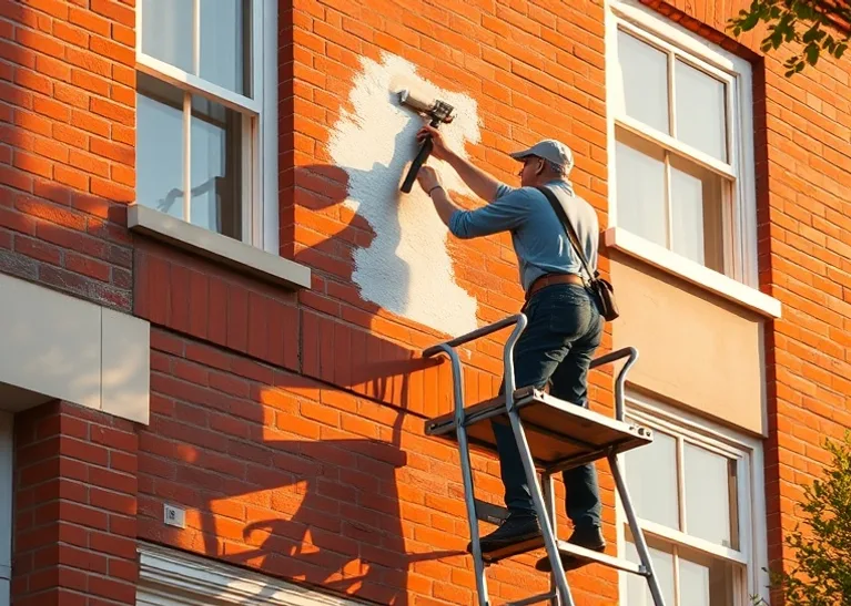 Peintre sur échafaudage traitant la façade d'une maison